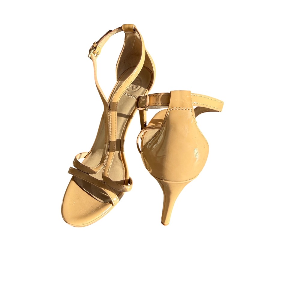 Tory‎ Burch Strappy Stiletto Sandals Womens 7M Nude EUC Patent Leather T-Strap - Picture 3 of 8